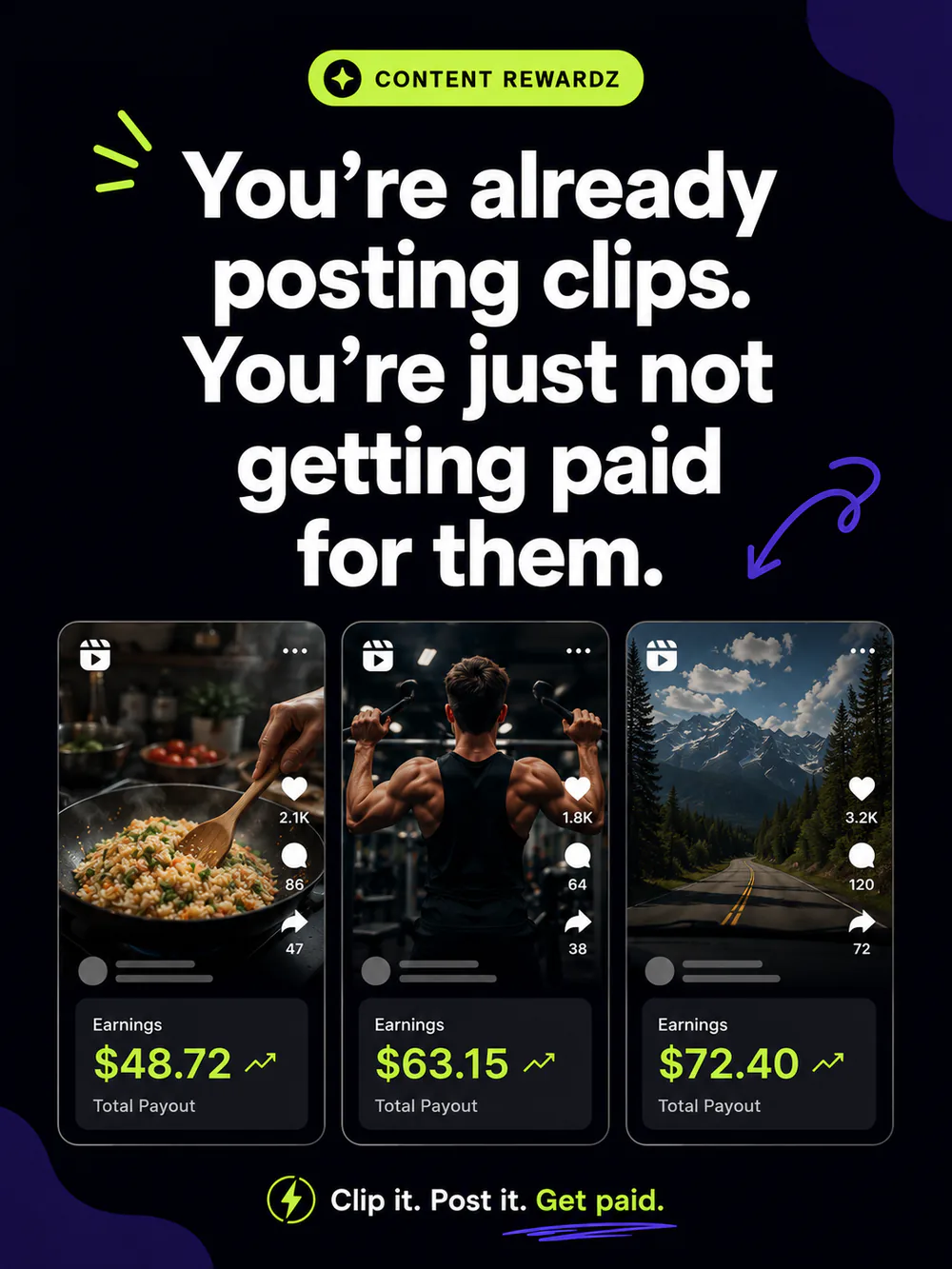 Creators posting reels and the earnings each clip pays out